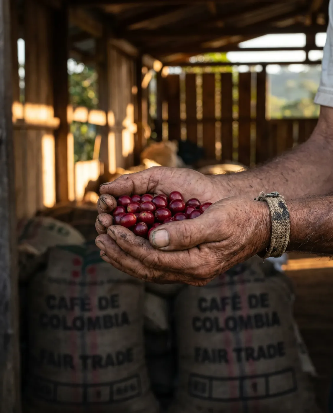 Farmer hands holding fresh coffee cherries