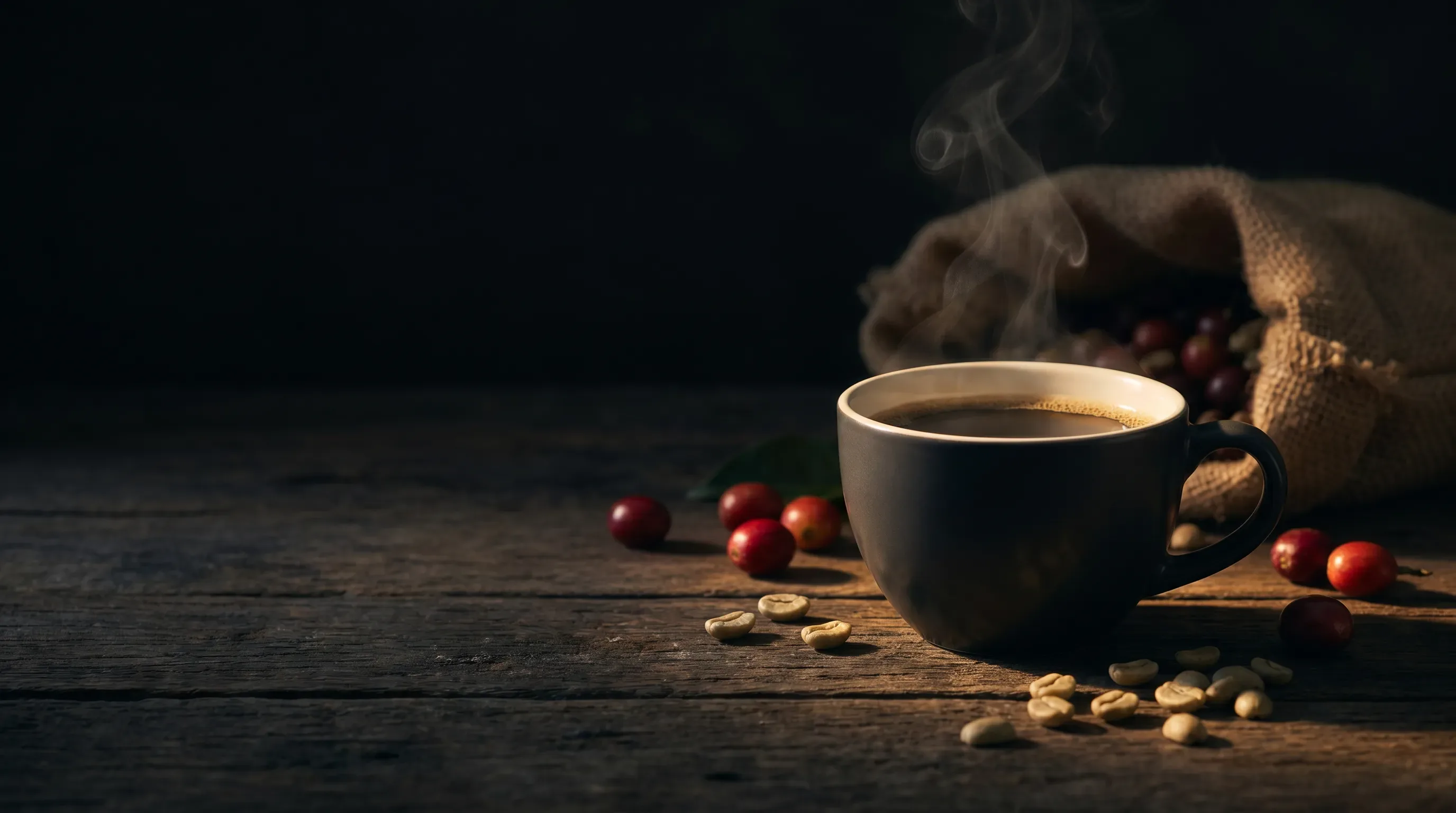 Cup of freshly brewed coffee with cherries and green beans